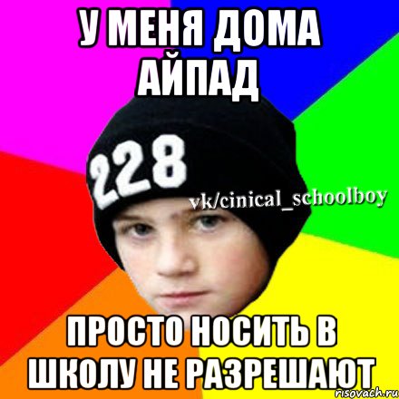 у меня дома айпад просто носить в школу не разрешают, Мем  Циничный школьник 1