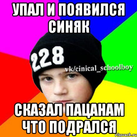 Упал и появился синяк Сказал пацанам что подрался, Мем  Циничный школьник 1