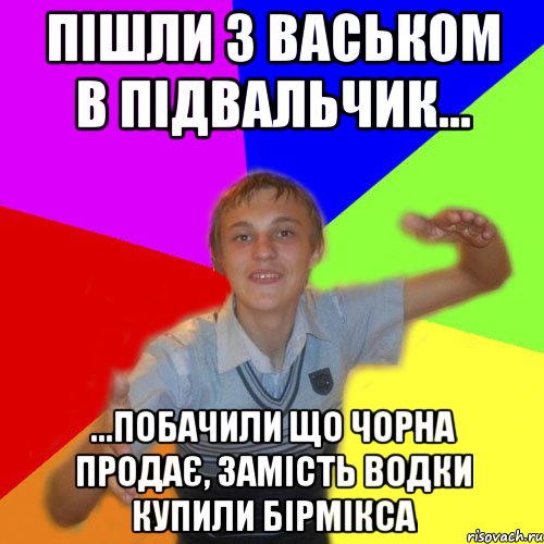 пішли з васьком в підвальчик... ...побачили що чорна продає, замість водки купили бірмікса, Мем дк