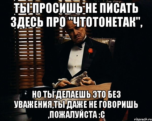 ты просишь не писать здесь про "чтотонетак", но ты делаешь это без уважения,ты даже не говоришь ,пожалуйста :с, Мем Дон Вито Корлеоне