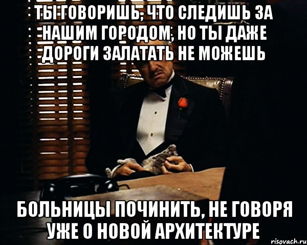 Ты говоришь, что следишь за нашим городом, но ты даже дороги залатать не можешь Больницы починить, не говоря уже о новой архитектуре, Мем Дон Вито Корлеоне