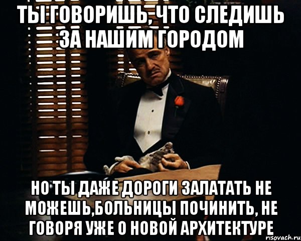 Ты говоришь, что следишь за нашим городом но ты даже дороги залатать не можешь,больницы починить, не говоря уже о новой архитектуре, Мем Дон Вито Корлеоне