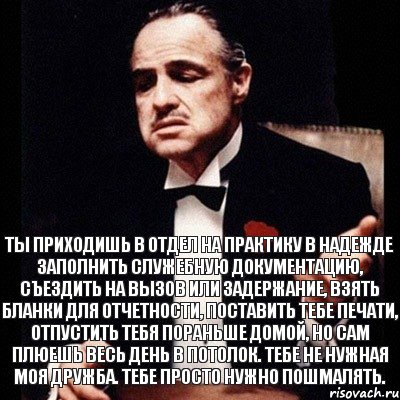 ты приходишь в отдел на практику в надежде заполнить служебную документацию, съездить на вызов или задержание, взять бланки для отчетности, поставить тебе печати, отпустить тебя пораньше домой, но сам плюешь весь день в потолок. Тебе не нужная моя дружба. Тебе просто нужно пошмалять., Комикс Дон Вито Корлеоне 1