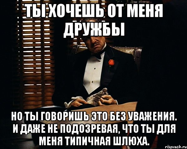 Ты хочешь от меня дружбы Но ты говоришь это без уважения. И даже не подозревая, что ты для меня типичная шлюха., Мем Дон Вито Корлеоне