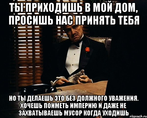 Ты приходишь в мой дом, просишь нас принять тебя но ты делаешь это без должного уважения. Хочешь поиметь империю и даже не захватываешь мусор когда уходишь, Мем Дон Вито Корлеоне