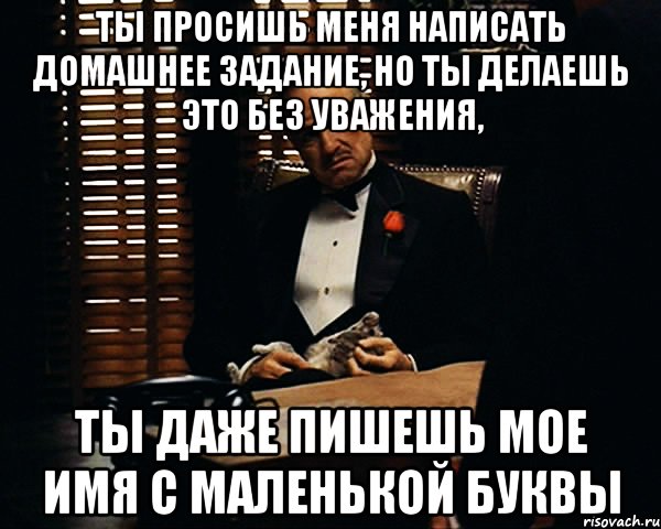 Ты просишь меня написать домашнее задание, но ты делаешь это без уважения, ты даже пишешь мое имя с маленькой буквы