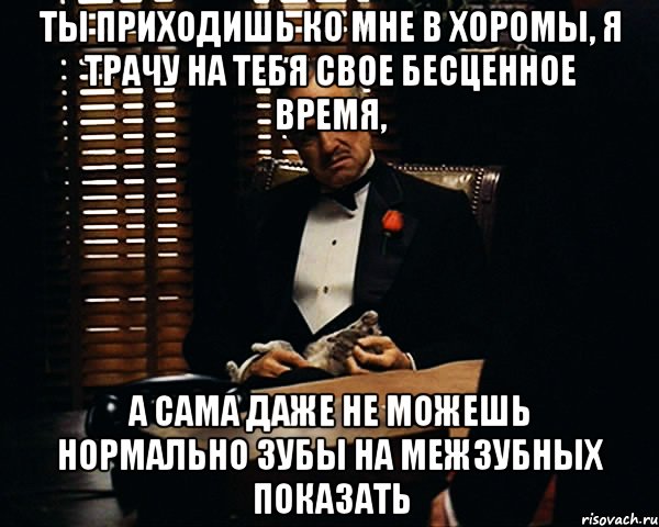 ты приходишь ко мне в хоромы, я трачу на тебя свое бесценное время, а сама даже не можешь нормально зубы на межзубных показать, Мем Дон Вито Корлеоне