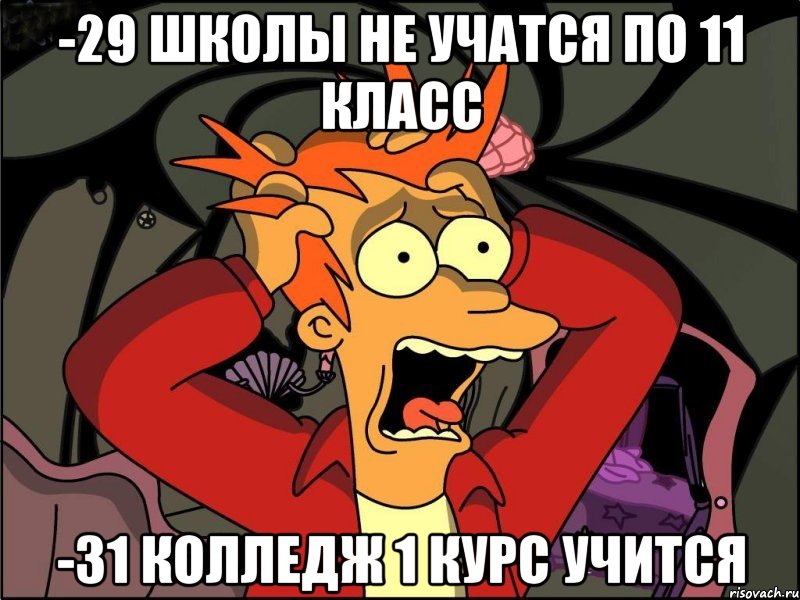 -29 школы не учатся по 11 класс -31 колледж 1 курс учится, Мем Фрай в панике