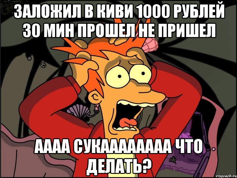 ЗАЛОЖИЛ В КИВИ 1000 РУБЛЕЙ 30 МИН ПРОШЕЛ НЕ ПРИШЕЛ АААА СУКАААААААА ЧТО ДЕЛАТЬ?, Мем Фрай в панике