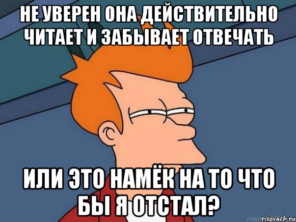 Не уверен она действительно читает и забывает отвечать или это намёк на то что бы я отстал?, Мем  Фрай (мне кажется или)