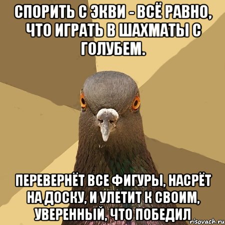 спорить с экви - всё равно, что играть в шахматы с голубем. перевернёт все фигуры, насрёт на доску, и улетит к своим, уверенный, что победил, Мем голубь