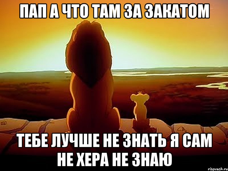 Пап а что там за закатом Тебе лучше не знать я сам не хера не знаю, Мем  король лев