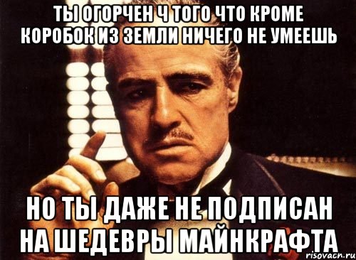 ты огорчен ч того что кроме коробок из земли ничего не умеешь но ты даже не подписан на ШЕДЕВРЫ МАЙНКРАФТА, Мем крестный отец