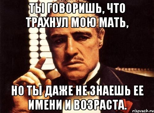 Ты говоришь, что трахнул мою мать, Но ты даже не знаешь ее имени и возраста., Мем крестный отец