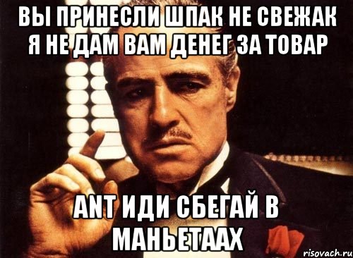 ВЫ ПРИНЕСЛИ ШПАК НЕ СВЕЖАК Я НЕ ДАМ ВАМ ДЕНЕГ ЗА ТОВАР ANT ИДИ СБЕГАЙ В МАНЬЕТААХ, Мем крестный отец