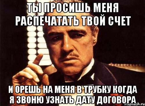 ТЫ ПРОСИШЬ МЕНЯ РАСПЕЧАТАТЬ ТВОЙ СЧЕТ И ОРЕШЬ НА МЕНЯ В ТРУБКУ КОГДА Я ЗВОНЮ УЗНАТЬ ДАТУ ДОГОВОРА, Мем крестный отец