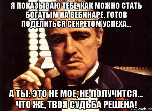 Я показываю тебе, как можно стать богатым на вебинаре, готов поделиться секретом успеха... а ты: это не мое, не получится... Что же, твоя судьба решена!, Мем крестный отец