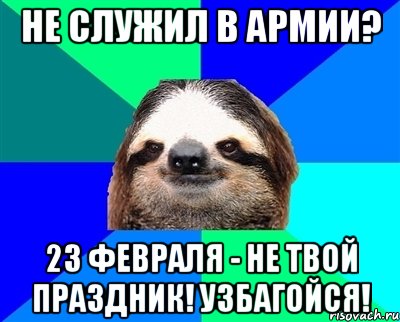 НЕ СЛУЖИЛ В АРМИИ? 23 февраля - не твой праздник! УЗБАГОЙСЯ!, Мем Ленивец