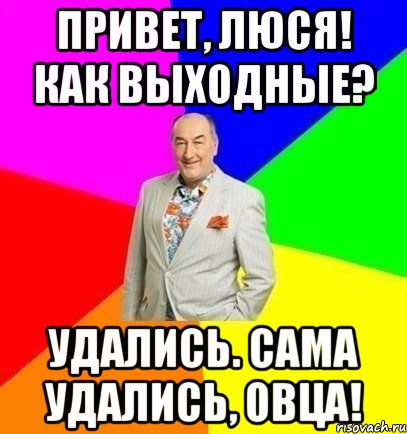 Привет, Люся! Как выходные? Удались. Сама удались, овца!