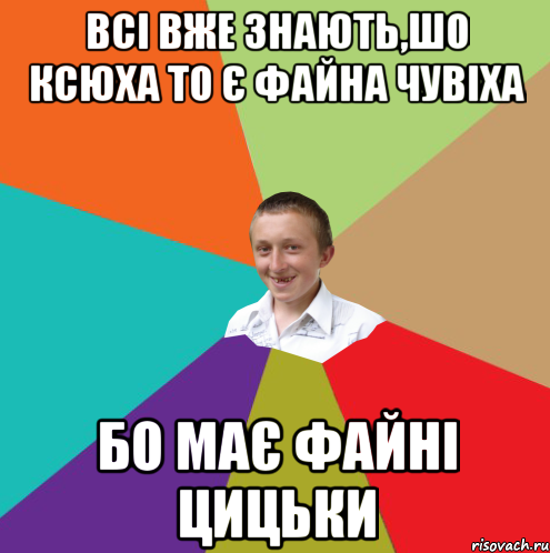 всі вже знають,шо Ксюха то є файна чувіха бо має файні цицьки, Мем  малый паца