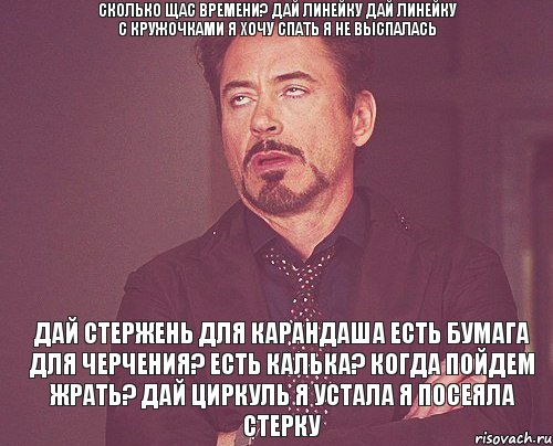 Сколько щас времени? Дай линейку Дай линейку с кружочками Я хочу спать Я не выспалась Дай стержень для карандаша Есть бумага для черчения? Есть калька? Когда пойдем жрать? Дай циркуль Я устала Я посеяла стерку, Мем твое выражение лица