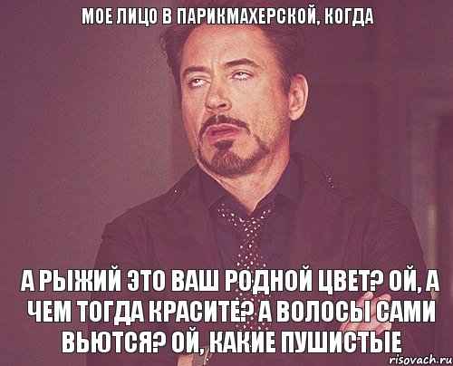 Мое лицо в парикмахерской, когда а рыжий это ваш родной цвет? ой, а чем тогда красите? а волосы сами вьются? ой, какие пушистые, Мем твое выражение лица