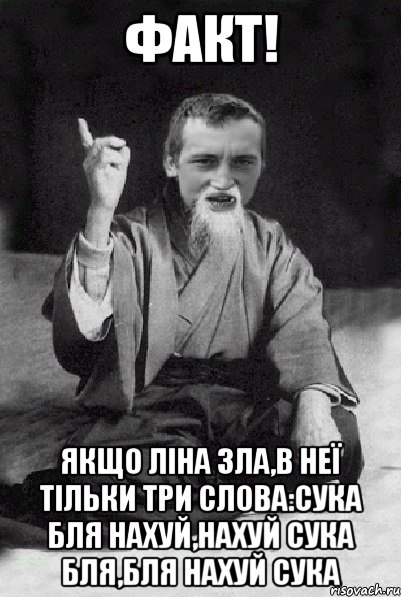 Факт! Якщо Ліна зла,в неї тільки три слова:сука бля нахуй,нахуй сука бля,бля нахуй сука, Мем Мудрий паца