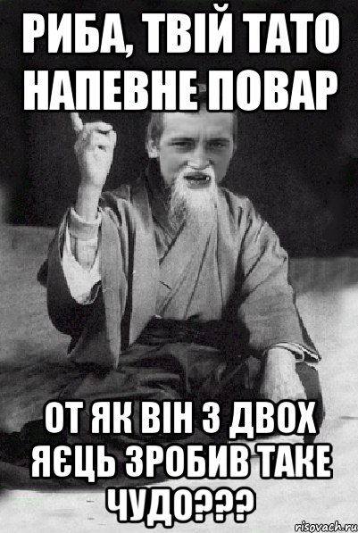 риба, твій тато напевне повар от як він з двох яєць зробив таке чудо???, Мем Мудрий паца