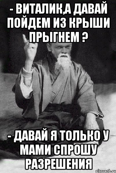 - Виталик,а давай пойдем из крыши прыгнем ? - Давай я только у мами спрошу разрешения