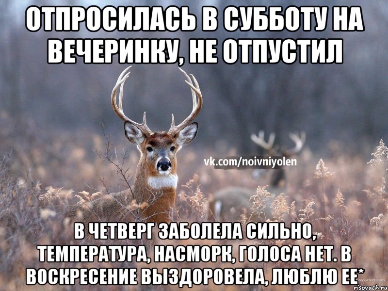 отпросилась в субботу на вечеринку, не отпустил в четверг заболела сильно, температура, насморк, голоса нет. в воскресение выздоровела, люблю ее*