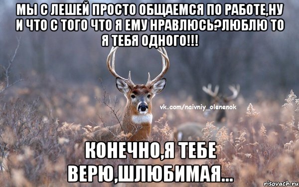 МЫ С ЛЕШЕЙ ПРОСТО ОБЩАЕМСЯ ПО РАБОТЕ,НУ И ЧТО С ТОГО ЧТО Я ЕМУ НРАВЛЮСЬ?ЛЮБЛЮ ТО Я ТЕБЯ ОДНОГО!!! КОНЕЧНО,Я ТЕБЕ ВЕРЮ,ШЛЮБИМАЯ...