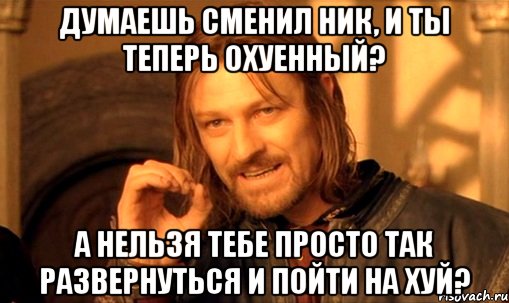 ДУМАЕШЬ СМЕНИЛ НИК, И ТЫ ТЕПЕРЬ ОХУЕННЫЙ? А НЕЛЬЗЯ ТЕБЕ ПРОСТО ТАК РАЗВЕРНУТЬСЯ И ПОЙТИ НА ХУЙ?, Мем Нельзя просто так взять и (Боромир мем)