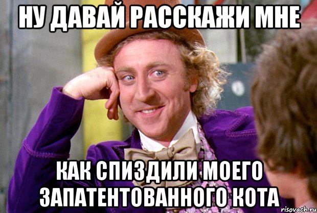 Ну давай расскажи мне как спиздили моего запатентованного кота, Мем Ну давай расскажи (Вилли Вонка)