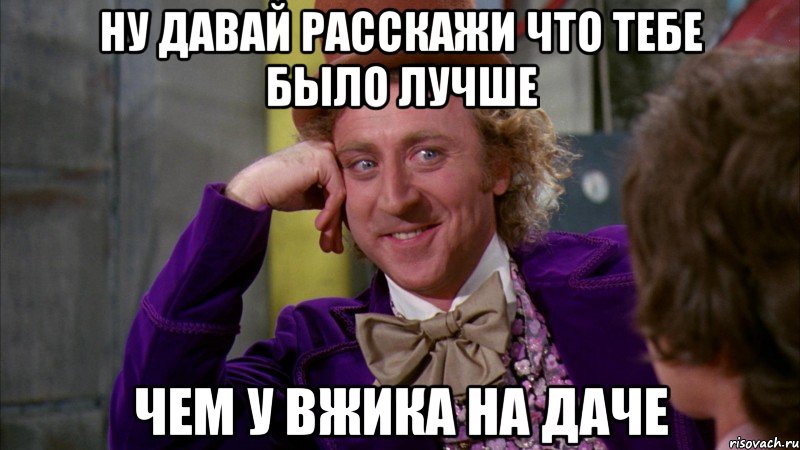 Ну давай расскажи что тебе было лучше чем у Вжика на даче, Мем Ну давай расскажи (Вилли Вонка)