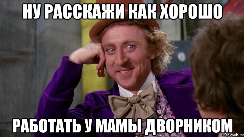 НУ РАССКАЖИ КАК ХОРОШО РАБОТАТЬ У МАМЫ ДВОРНИКОМ, Мем Ну давай расскажи (Вилли Вонка)