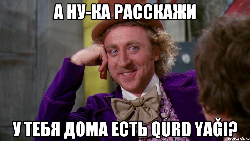 А ну-ка расскажи у тебя дома есть qurd yağı?, Мем Ну давай расскажи (Вилли Вонка)