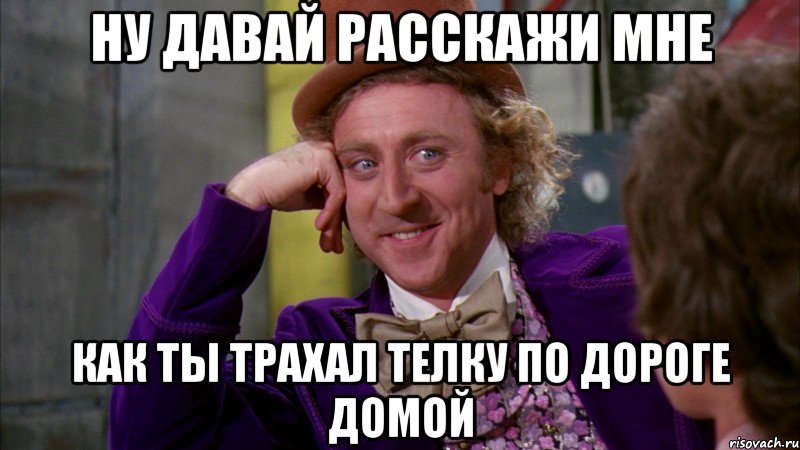 ну давай расскажи мне как ты трахал телку по дороге домой, Мем Ну давай расскажи (Вилли Вонка)