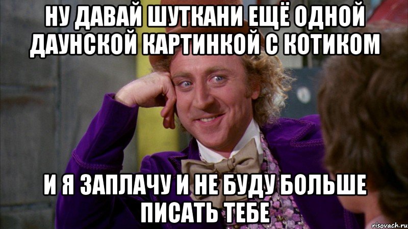 Ну давай шуткани ещё одной даунской картинкой с котиком И я заплачу и не буду больше писать тебе, Мем Ну давай расскажи (Вилли Вонка)