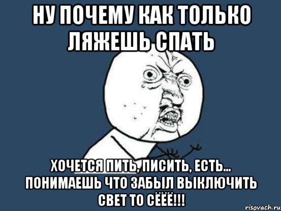 ну почему как только ляжешь спать хочется пить, писить, есть... понимаешь что забыл выключить свет то сёёё!!!, Мем Ну почему