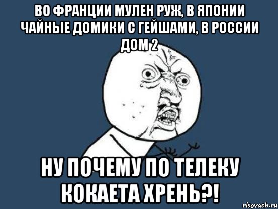 Во Франции Мулен Руж, в Японии Чайные домики с Гейшами, в России Дом 2 НУ ПОЧЕМУ ПО ТЕЛЕКУ КОКАЕТА ХРЕНЬ?!, Мем Ну почему