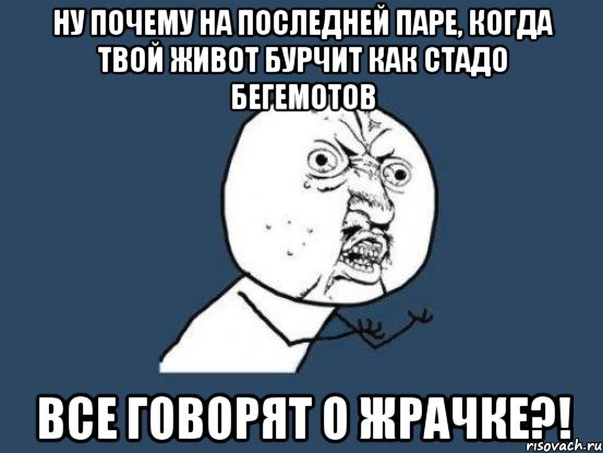 НУ ПОЧЕМУ НА ПОСЛЕДНЕЙ ПАРЕ, КОГДА ТВОЙ ЖИВОТ БУРЧИТ КАК СТАДО БЕГЕМОТОВ ВСЕ ГОВОРЯТ О ЖРАЧКЕ?!, Мем Ну почему