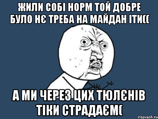 жили собі норм той добре було нє треба на майдан іти(( А ми через цих тюлєнів тіки страдаєм(, Мем Ну почему