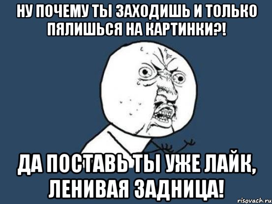 ну почему ты заходишь и только пялишься на картинки?! да поставь ты уже лайк, ленивая задница!, Мем Ну почему