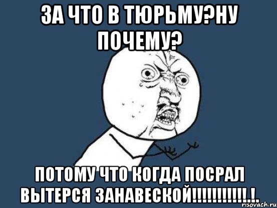 За что в тюрьму?Ну почему? Потому что когда Посрал вытерся занавеской!!!!!!!!!!!.!., Мем Ну почему