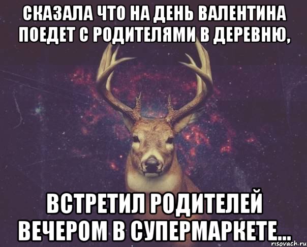 Сказала что на день Валентина поедет с родителями в деревню, Встретил родителей вечером в супермаркете..., Мем  олень наивный