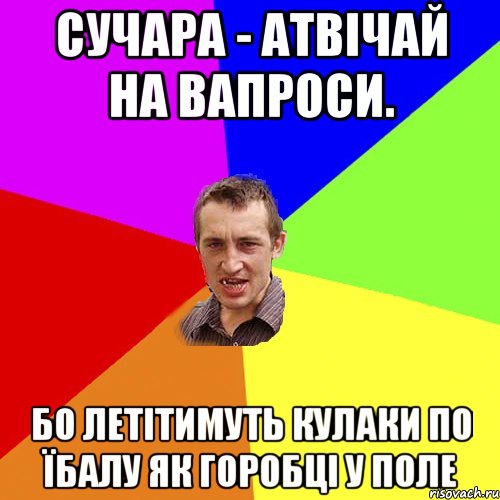 Сучара - атвічай на вапроси. Бо летітимуть кулаки по їбалу як горобці у поле, Мем Чоткий паца