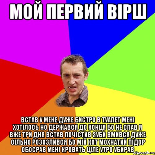 Мой первий вірш встав у мене дуже бистро в туалет менi хотiлось но держався до конця бо не спав я вже три дня встав почiстив зуби вмився дуже сiльно розозлився бо мiй кот мохнатий пiдор обосрав менi кровать цiле утро убирав, Мем Чоткий паца