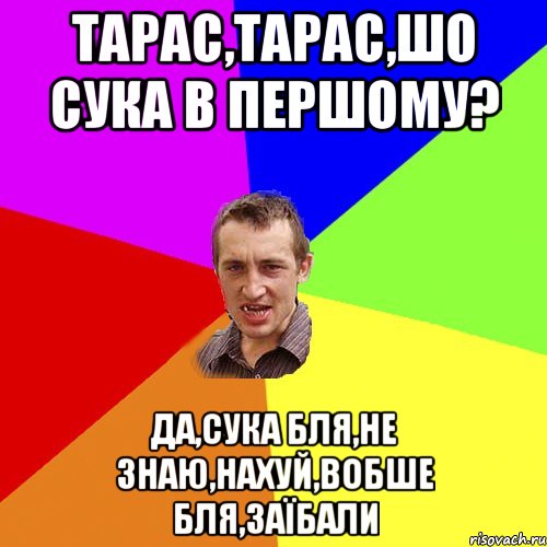 ТАРАС,ТАРАС,ШО СУКА В ПЕРШОМУ? ДА,СУКА БЛЯ,НЕ ЗНАЮ,НАХУЙ,ВОБШЕ БЛЯ,ЗАЇБАЛИ, Мем Чоткий паца