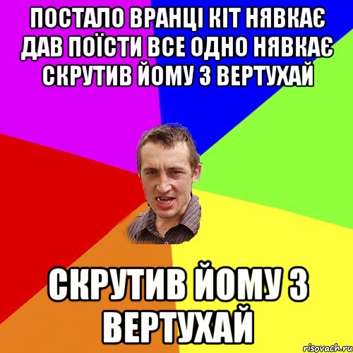 Постало вранці кіт нявкає дав поїсти все одно нявкає скрутив йому з вертухай скрутив йому з вертухай, Мем Чоткий паца