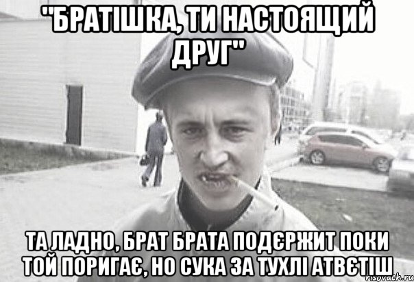 "братішка, ти настоящий друг" та ладно, брат брата подєржит поки той поригає, но сука за тухлі атвєтіш, Мем Пацанська философия